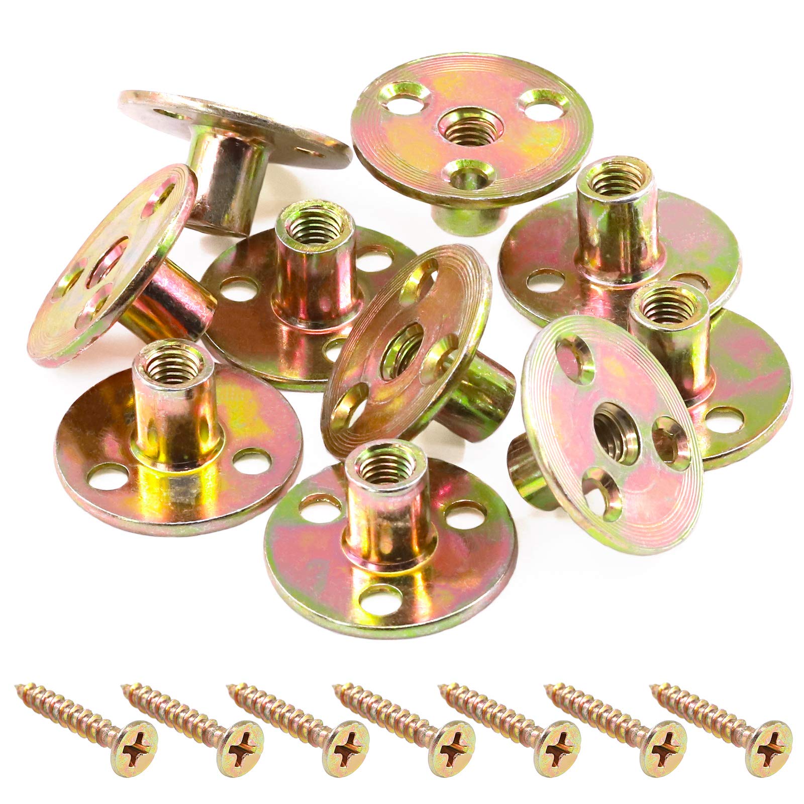 Mardatt 64Pcs M8 Brad Hole Tee Nut with Screws Set Carbon Steel T-Nuts Zinc Plated Round Base Female Thread Screw-in Furniture Hardware