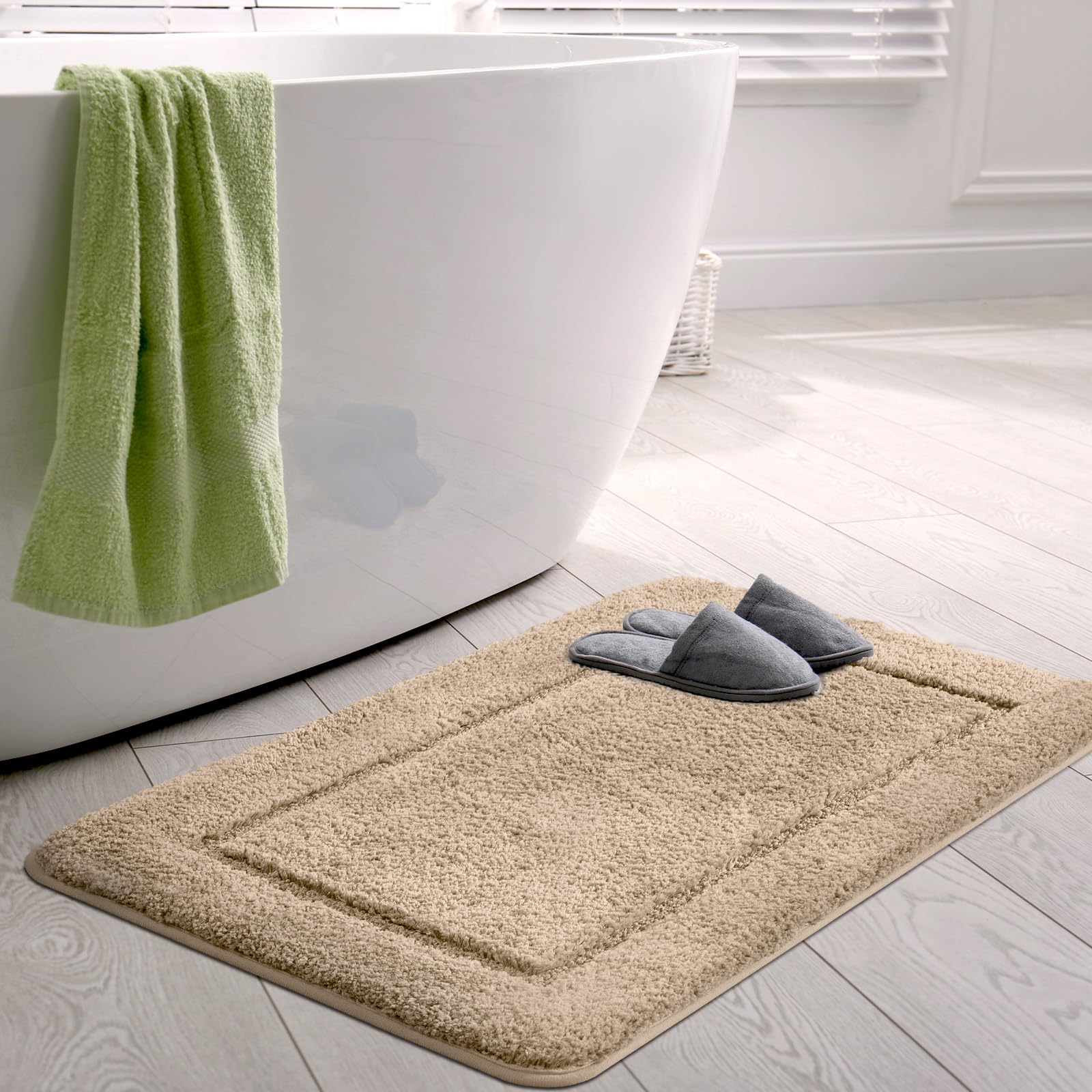 SOANNY Beige Bath Mat Single, Non-Slip Soft Microfiber Machine Washable Bathroom Carpet Absorbent, High Density Large Fluffy Bathtub Camel Decor Runner Rugs for Door Entrance, Kitchen, 60x90 cm