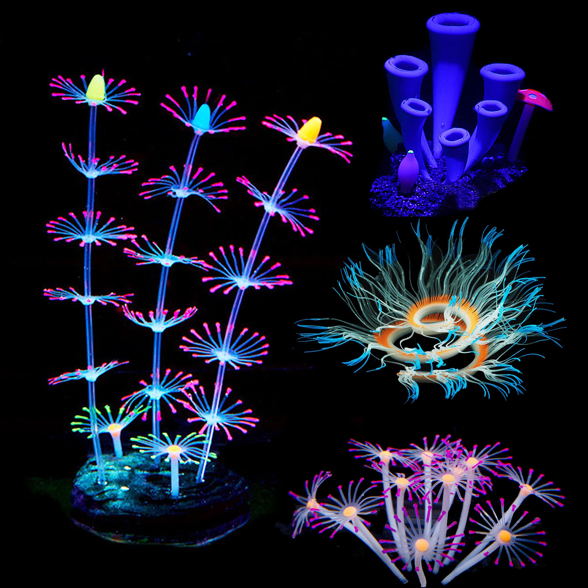 Cayway 4 PCS Aquarium Fish Tank Silicone Fish Tank Decorations Plants with Simulation Silicone Coral, Artificial Horn Coral, Artificial Sea Anemone for Fish Tank, Aquarium Landscape