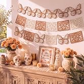 HunnmingRe 96 Pcs Felt Day of The Dead Papel Picado Banner, Beige | Día de los Muertos Altar Decor, Sugar Skull Marigold Butterfly Hanging Garland for Mexicanas Party, Cinco de Mayo