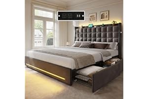 YITAHOME Queen Size Bed Frame with 4 Drawers and RGB LED Lights, Velvet Upholstered Platform Bed with Charging Station and Storage Headboard, No Box Spring Needed, Easy Assembly, Noise-Free, Grey