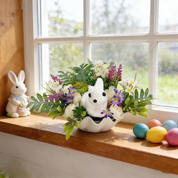 PCALYR 16 INCH ARTIFICIAL EASTER BUNNY FLORAL ARRANGEMENT, PLUSH BUNNY EASTER DECOR,BUNNY WITH FLOWER ORNAMENT,HOME DECOR FOR TABLE, MANTEL, INDOOR SPRING DECOR