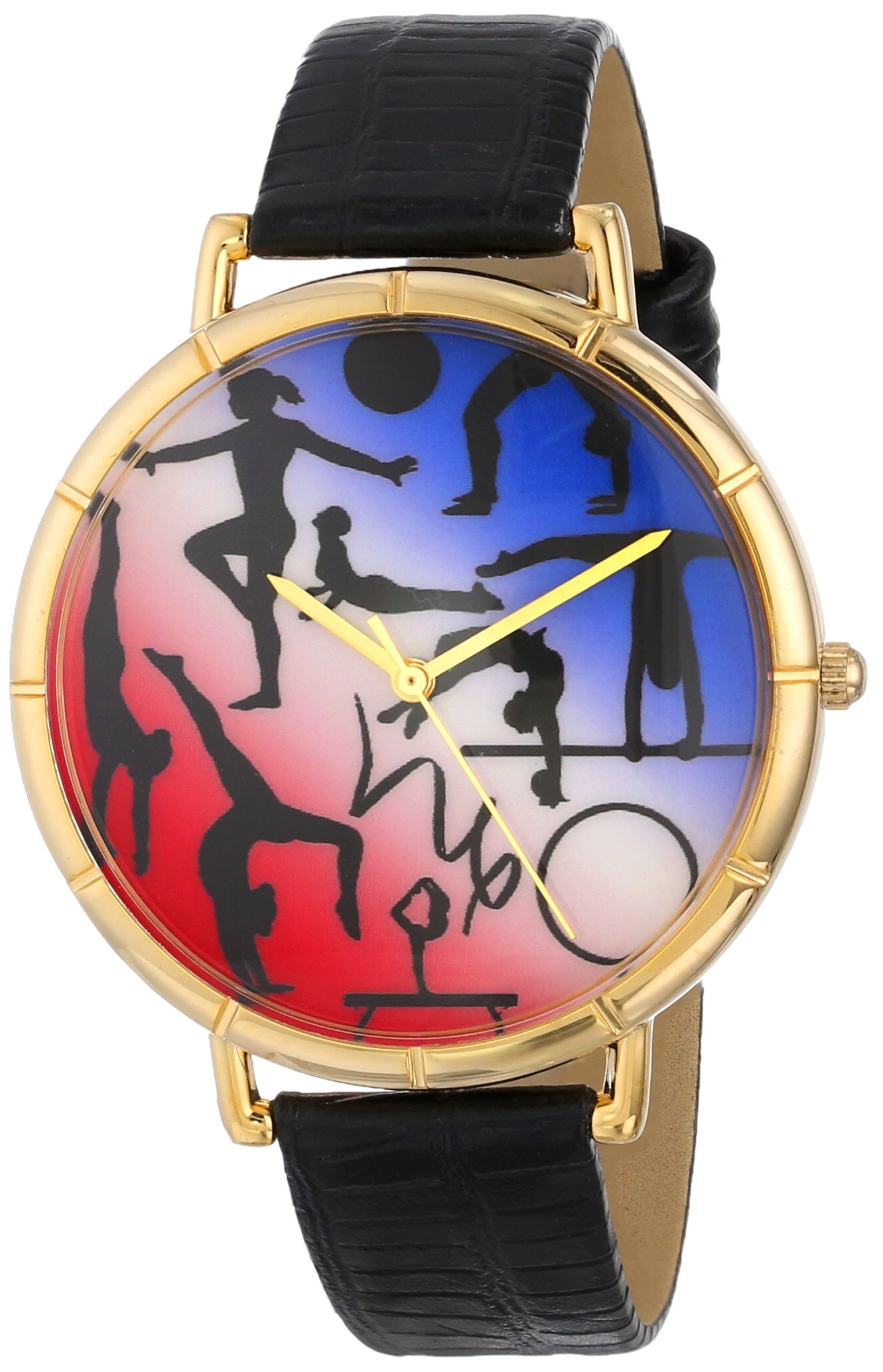 Whimsical Watches Gymnastics Lover Black Leather and Goldtone Photo Unisex Quartz Watch with White Dial Analogue Display and Multicolour Leather Strap N-0840024