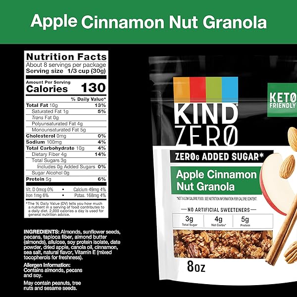KIND ZERO ADDED SUGAR GRANOLA, APPLE CINNAMON NUT, GLUTEN FREE, LOW SUGAR, KETO SNACKS, 5G PROTEIN, 8OZ, 1 COUNT