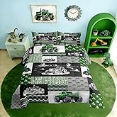 Tractor Bedding Set Twin Size Equipment Trucks Comforter Farmhouse Harvester Down Comforter for Kids Boys Car Bedroom Decor Green Vehicle Quilt Plaid with 1 Pillowcase, Grey