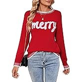 Alsol Lamesa Women's Merry Christmas Sweater Long Sleeve Crewneck Lightweight Pullover Knit Sweaters