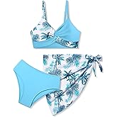 Girls Swimsuit, Bathing Suits 3 Piece Tropical Floral Twist Cross Bikini Sets Girls' Swimwear with Cover Up Skirt 7-16T