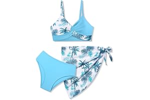 BAVADER Girls Swimsuit, Bathing Suits 3 Piece Tropical Floral Twist Cross Bikini Sets Girls' Swimwear with Cover Up Skirt 7-16T