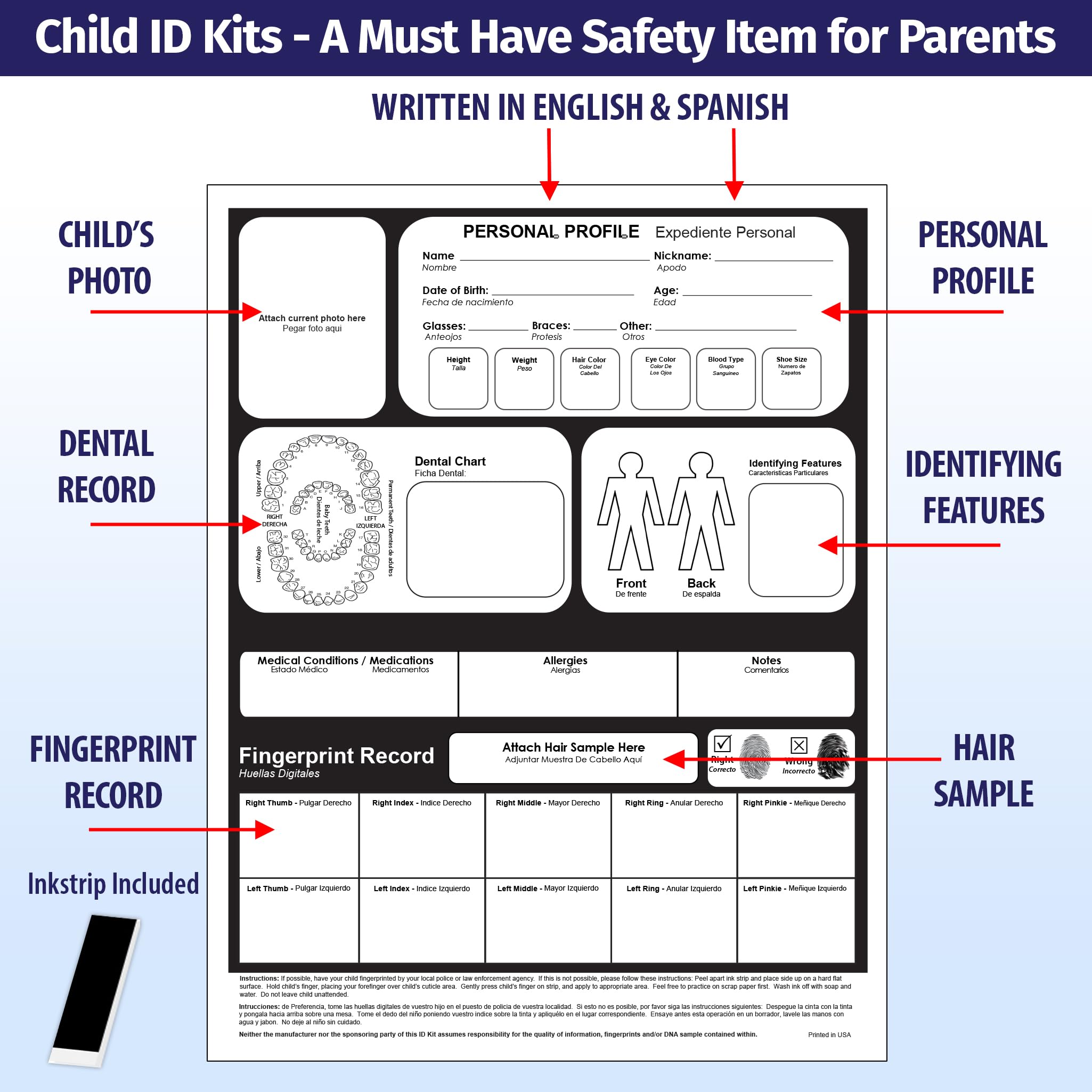 Child ID Fingerprint Kits (5 Pack) - Finger Print Kits for Kids - Child Emergency Identification Cards - English/Spanish - Includes Ink Strips for Fingerprinting
