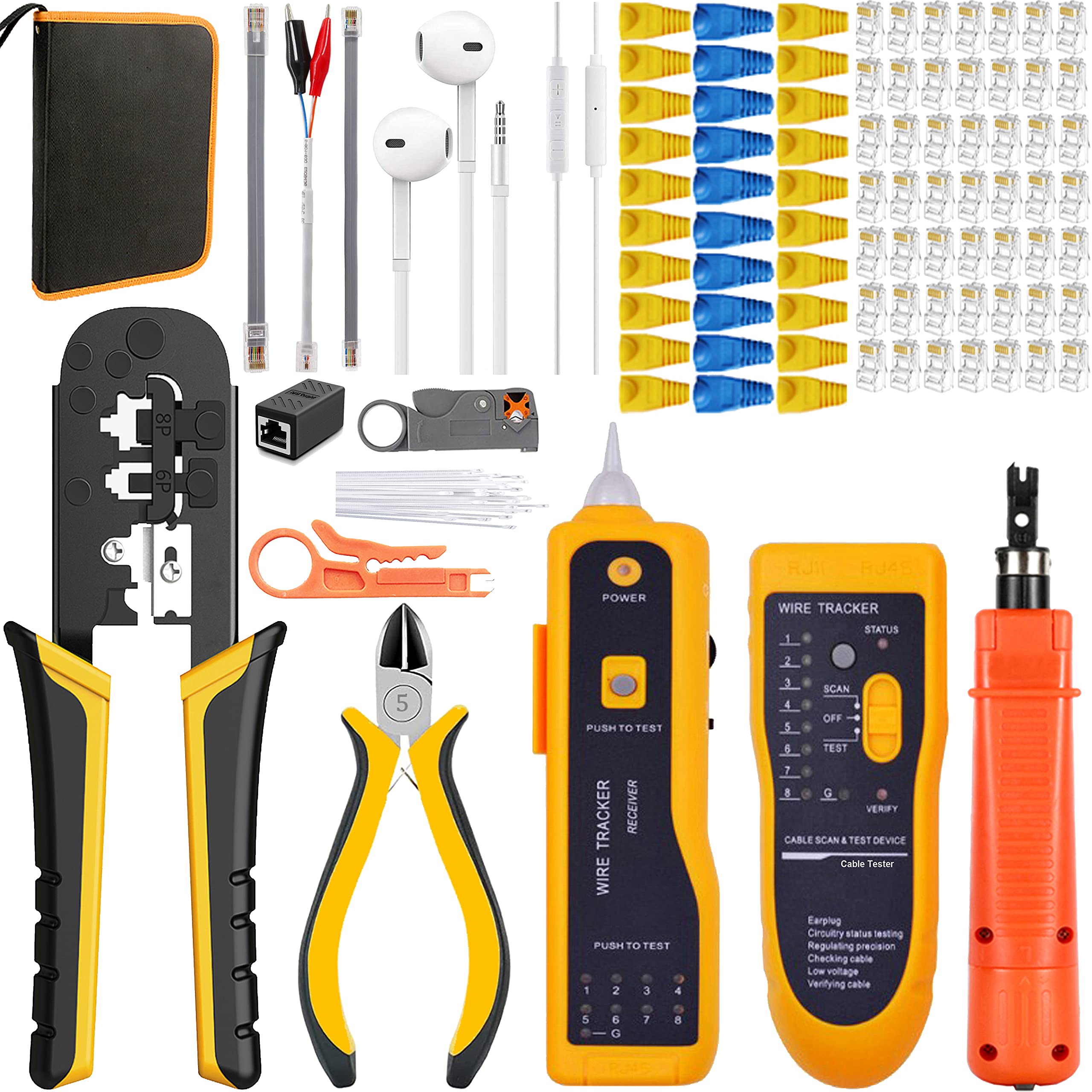 MAYLINE RJ45 Crimping Tool Kit, Cable Tester Crimper CAT5 CAT6 Crimp Punch Down Cutter Tool for RJ45/RJ12 Ethernet Connectors Covers with Network Wire Stripper(Orange)