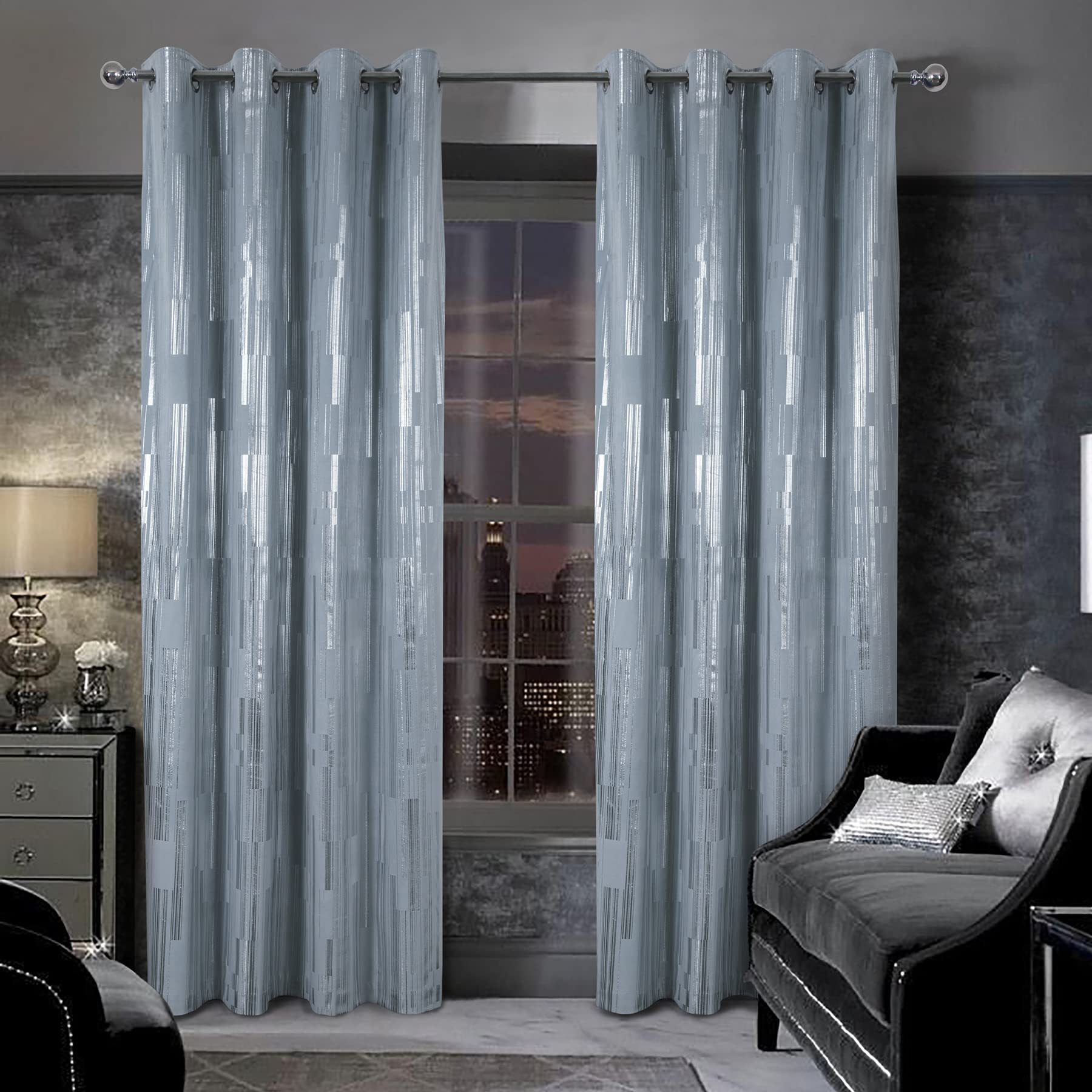 always4u 100% Blackout Curtains Eyelet for Bedroom Silver Soft Velvet Curtain Stripe Foil Printed Shining Luxury Window Drapes for Living Room 1 Pair 46 * 72 — image 1