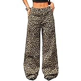 Wide Leg Leopard Jeans for Women High Waisted Vintage Y2k Cheetch Print Baggy Denim Pants with Pockets Streetwear