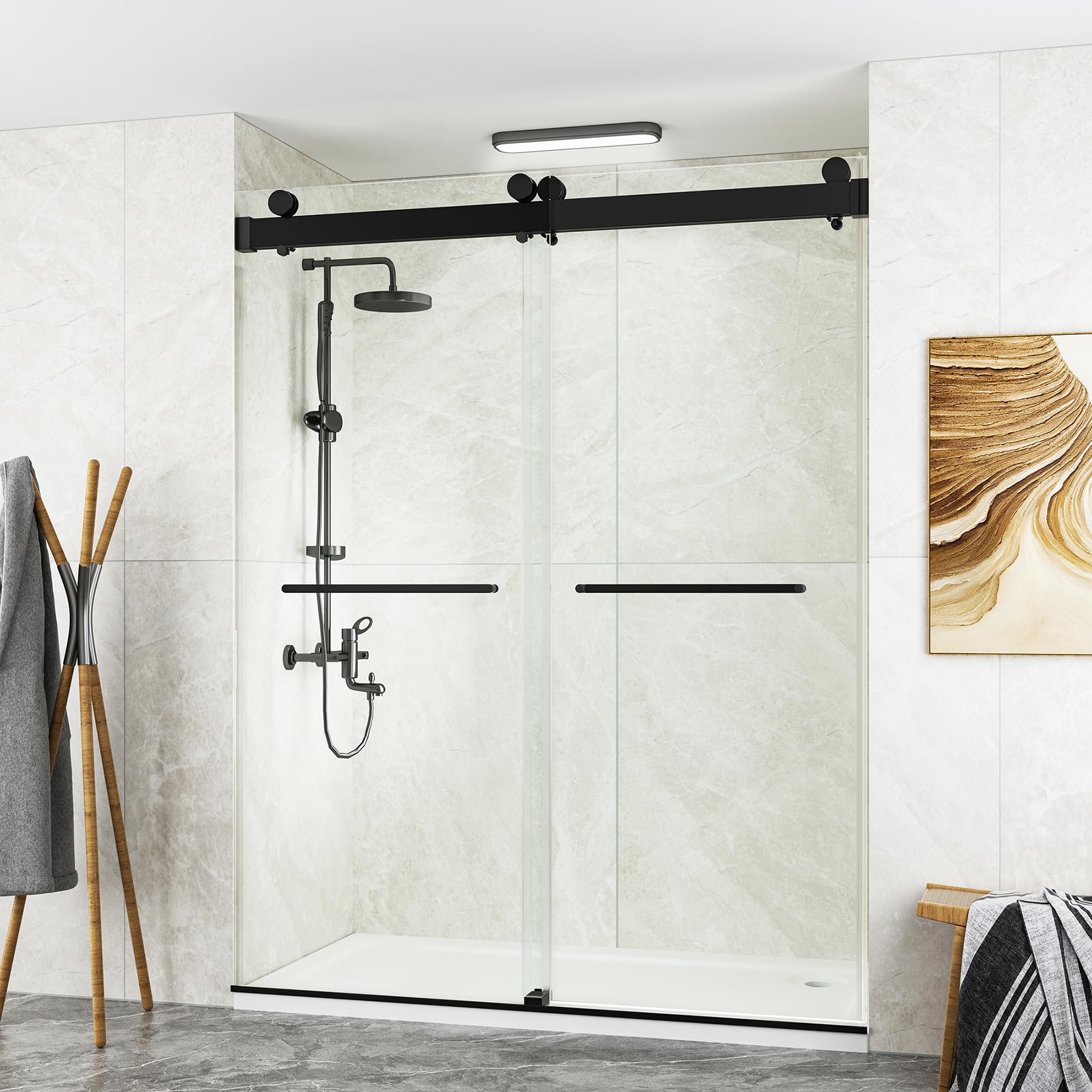 Photo 1 of 69-72" W x 76" H Glass Shower Door,Frameless Shower Door,Double Sliding Shower Door with 3/8" (10mm) Clear SGCC Tempered Glass, Explosion-Proof Film (Matte Black, 72" Wx76 H-Double Sliding)