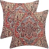 AEIOAE Boho Pillow Covers 18x18 Set of 2 Red Boho Vintage Style Decorative Throw Pillow Outdoor Linen Square Farmhouse Decor Retro Cushion Cover for Home Couch Sofa