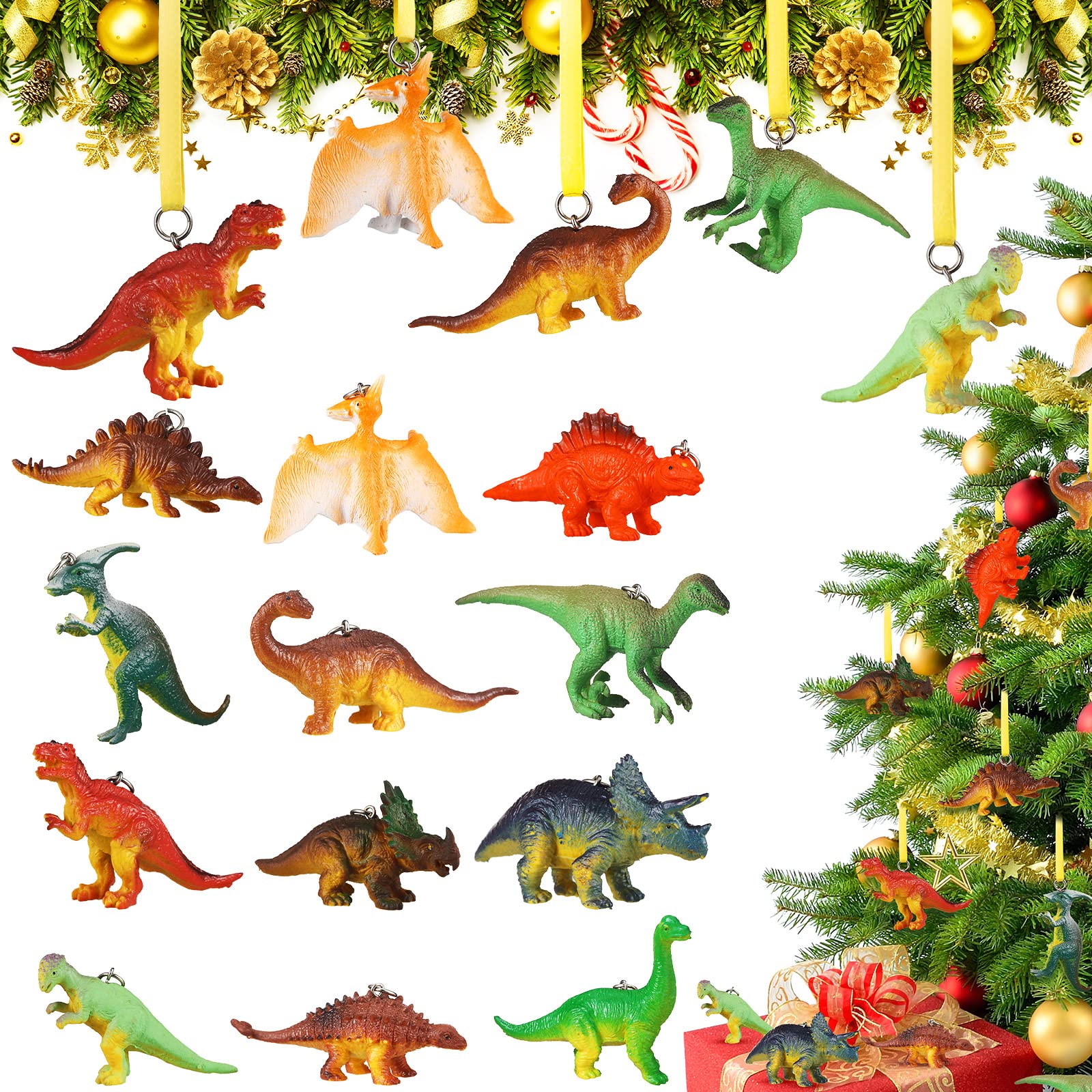 Photo 1 of 12 Pieces Dinosaur Christmas Ornament Set Hanging Resin Dino Ornaments for Christmas Tree with Ribbon Xmas Ornaments Set for Boys Kids Birthday Party Decorations