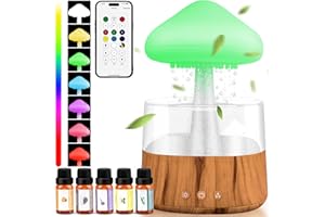 MRIYKIO Upgraded Rain Cloud Humidifier Water Drip with App Controll, Mushroom Rain Cloud Diffuser with 5 Essential Oils, Raining Cloud Night Light with Rain 7 Changing Colors for Sleeping Relaxing Wood