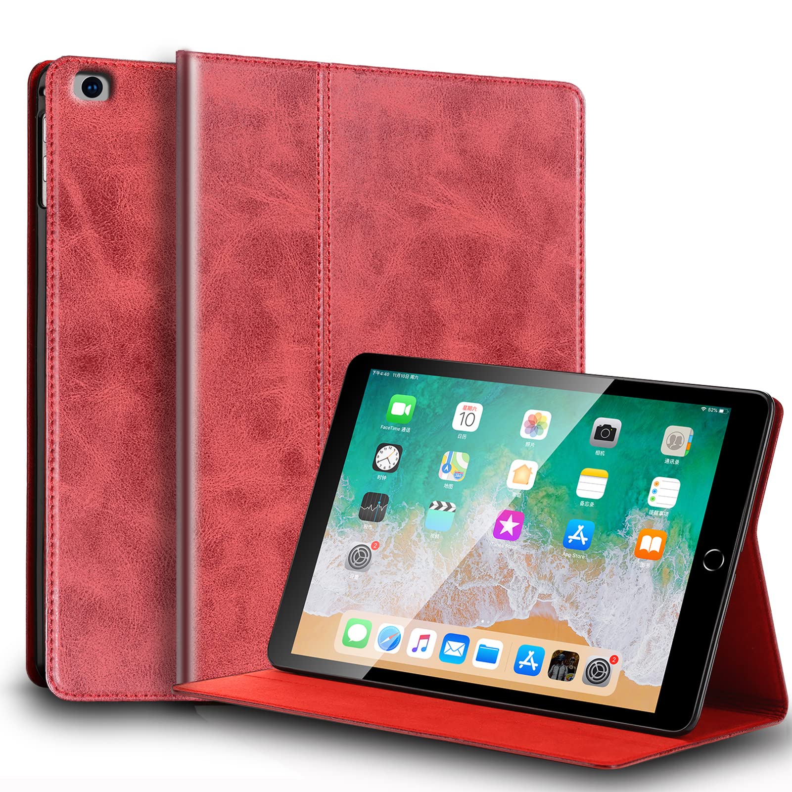 Gexmil for iPad 9.7 Inch Case 2018/2017(6th/5th Generation)-iPad Air 2/1 Generation,Auto Wake/Sleep,Genuine Leather Case with Stand,Oil Wax Red
