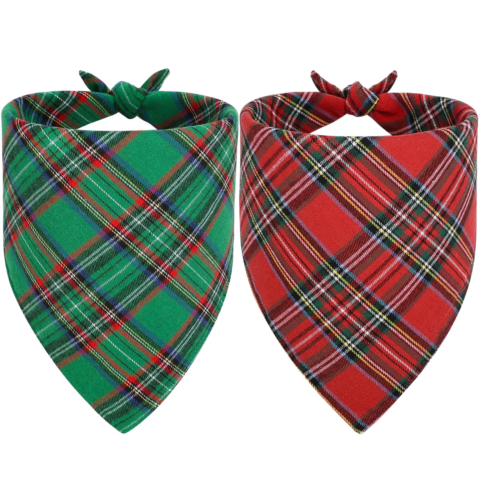 Vivifying Dog Christmas Bandanas, 2Pcs Adjustable Triangle Dog Bandanas with Chequered, Dog Christmas Costume for Small Medium Dogs (XL,Green&Red)