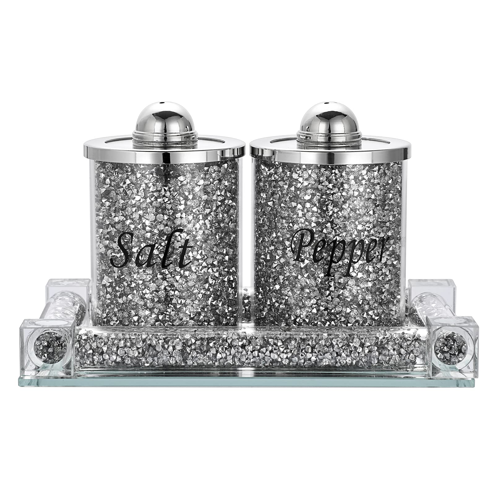 BTSKY Set of 3 Salt and Pepper Shakers with Tray - Glass Crystal Crushed Diamonds Salt & Pepper Canister Storage Jar, Cooking Seasoning Jar, Kitchen Accessories