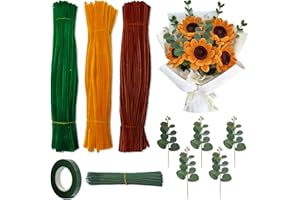 PiinRoon Pipe Cleaners Craft Supplies, 300 Pcs Chenille Stems and 5 Pcs Fake Leaves, 3 Colors Thick Pipe Cleaners Bulk with F