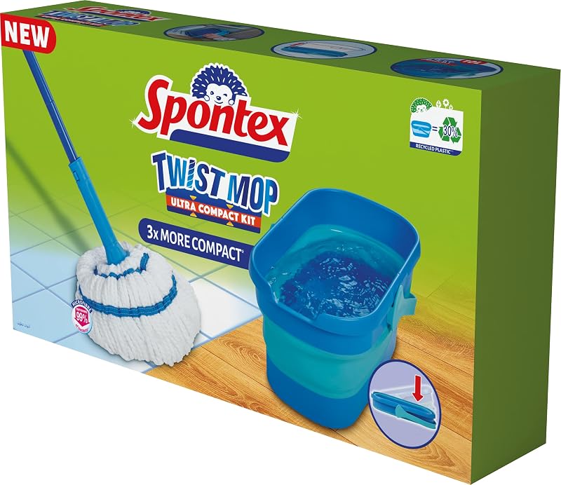 Ultrakompaktes Twist Mop und Eimer Set | Mikrofaser-Mop mit eingebautem Selbstauswringsystem | 10L Faltbarer Eimer | Reinigt Laminat, Holz & Fliesenböden | Waschbarer Wischkopf