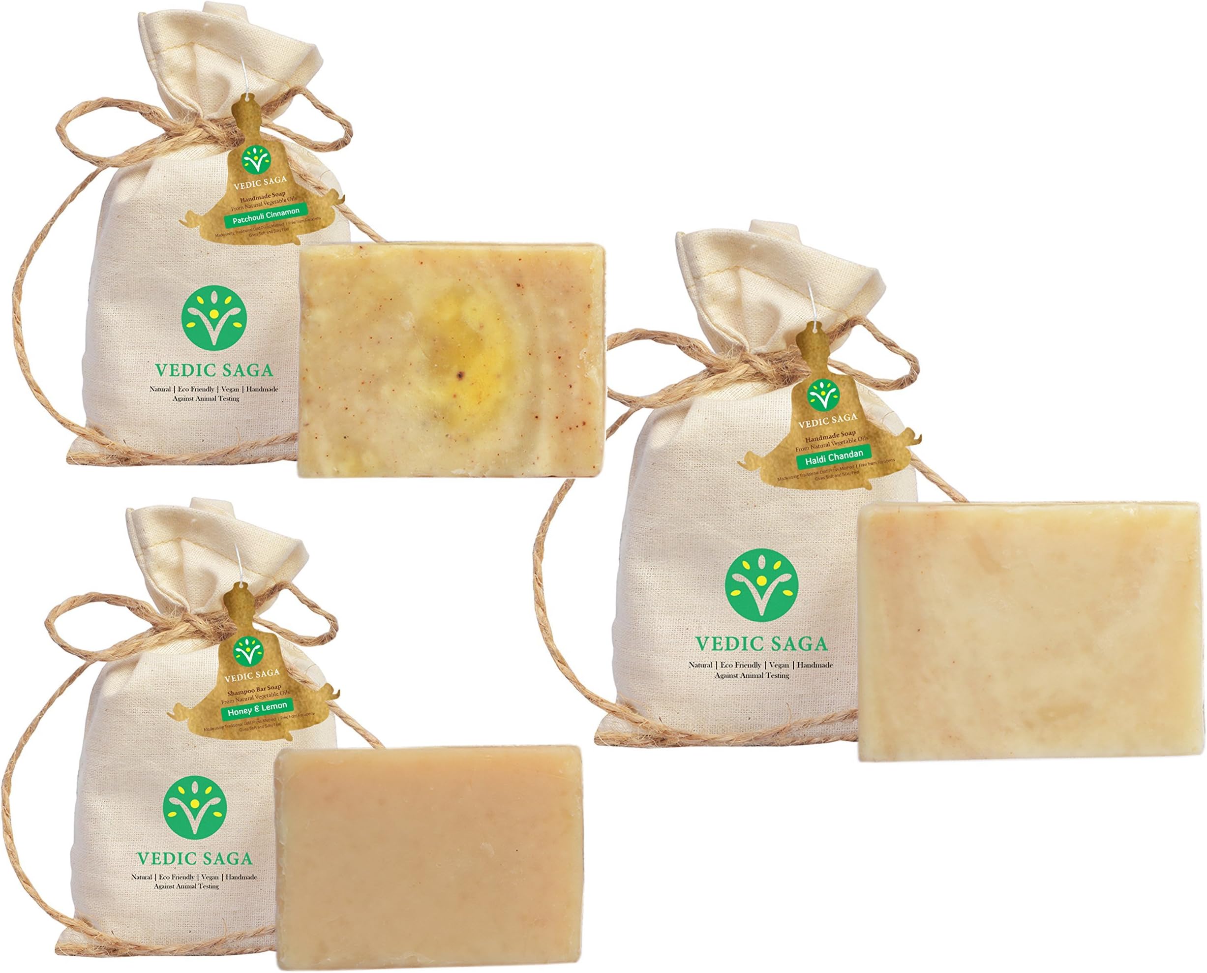 Vedic Saga pack of 3, Combo Handmade Soap : Patchouli Cinnamon, Haldi Chandan and Shampoo Bar : Honey & Lemon