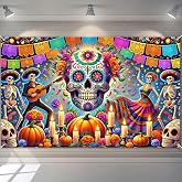 BlissYard Day of the Dead Backdrop 71 x 43 Inch Sugar Skull Fiesta Banner | Dia De Los Muertos Decorations, Mexican Fiesta Sugar Skull Photography Background with Papel Picado for Halloween Party