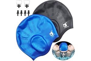 NANASO Unisex Swim Caps Ear Protection,2 Pack Silicone Swimming Caps for Short/Long Hair with Ear Plugs&Nose Clip,Waterproof Flexible Swimming Hat for Women Men Adults Kids,Bath Swim Caps Easy to Put On/Off