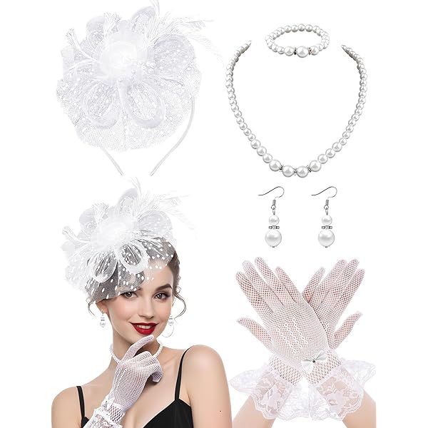 Set Completo Fascinator Floreale Per Donna: Cappello Grande Con Fiori, Collana Di Perle, Orecchini, Bracciale E Guanti. Ideale Per Tea Party, Matrimoni E Corse Di Cavalli.
