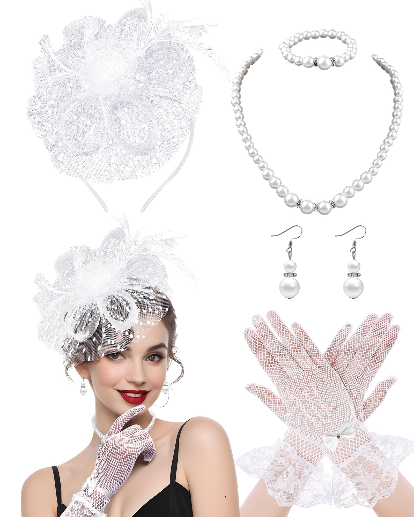 Photo 1 of 50s Fascinators for Women Tea Party Pearl Jewelry Set Wedding Cocktail(White)