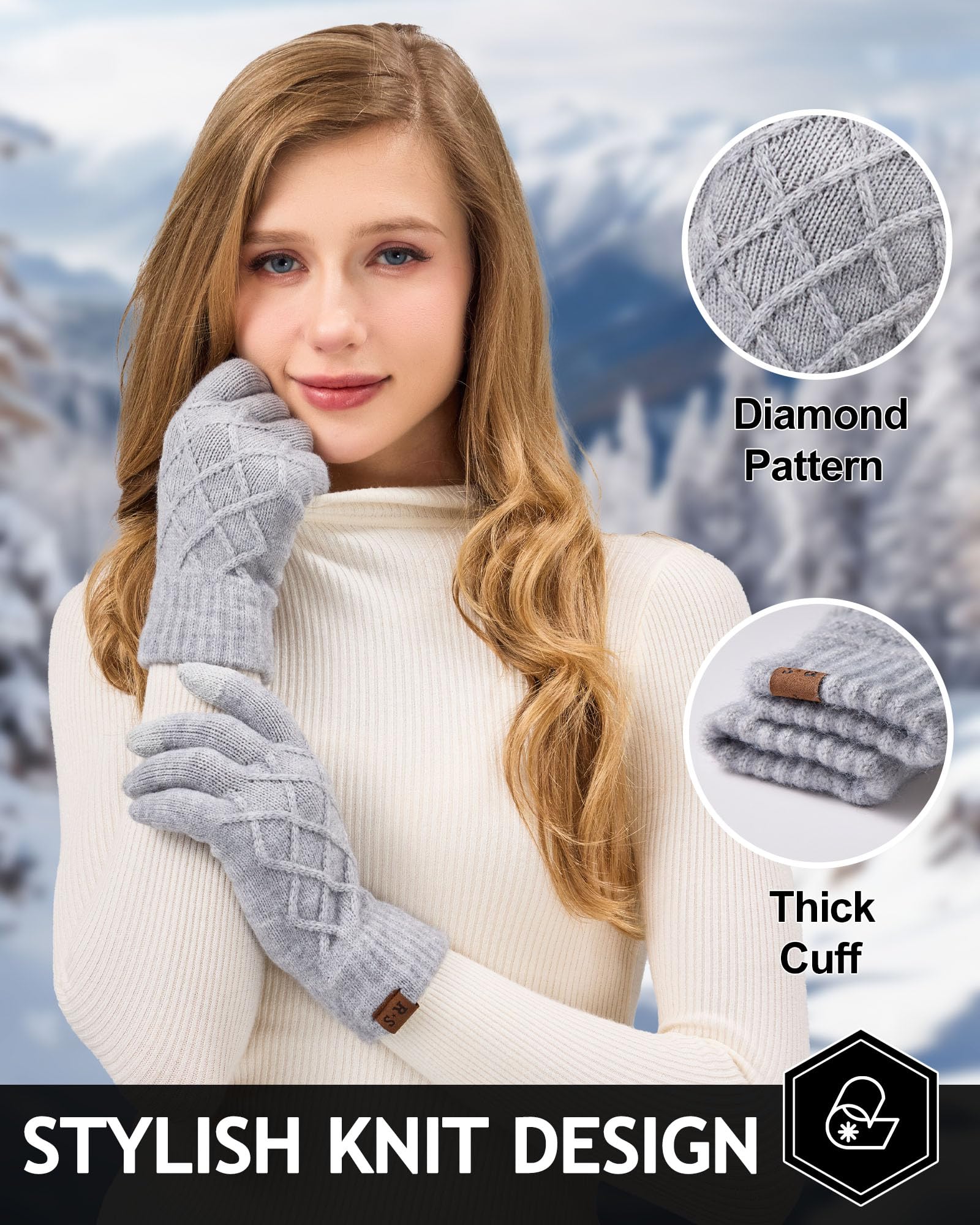 REACH STAR 2 Pairs Winter gloves for women Touch screen Elastic Thermal knit Lining Warm Gloves for Cold weather