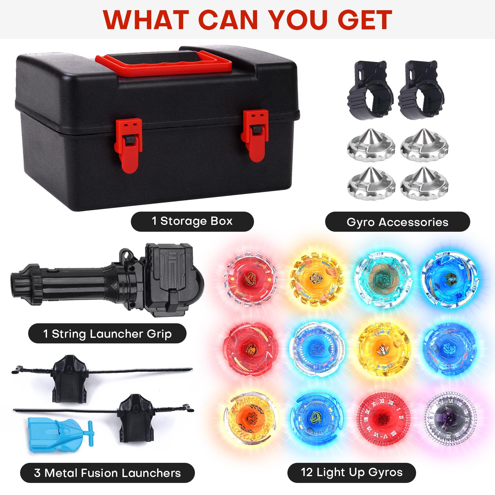 Battle Set with Portable Box, 12 Light Ignite Spinning Tops, 2 Launchers and 1 Girp, Metal Fusion Type, Birthday Gift Boys Toy for 6+ Year Old