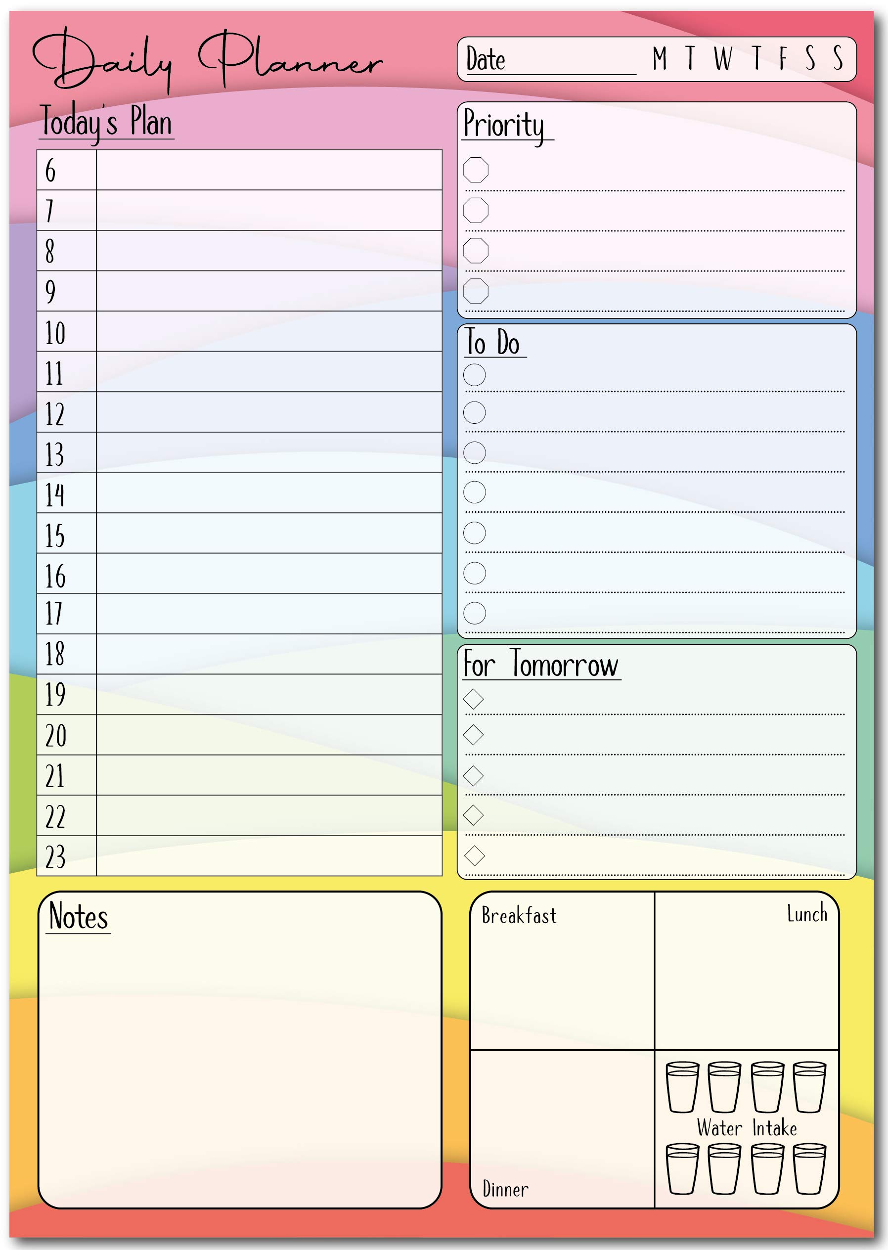 A5 Daily Planner 50 Sheet Note Pad with Schedule, Priority, To Do Lists, Doodle Notes & Meal Organiser (Bright Rainbow) — image 1