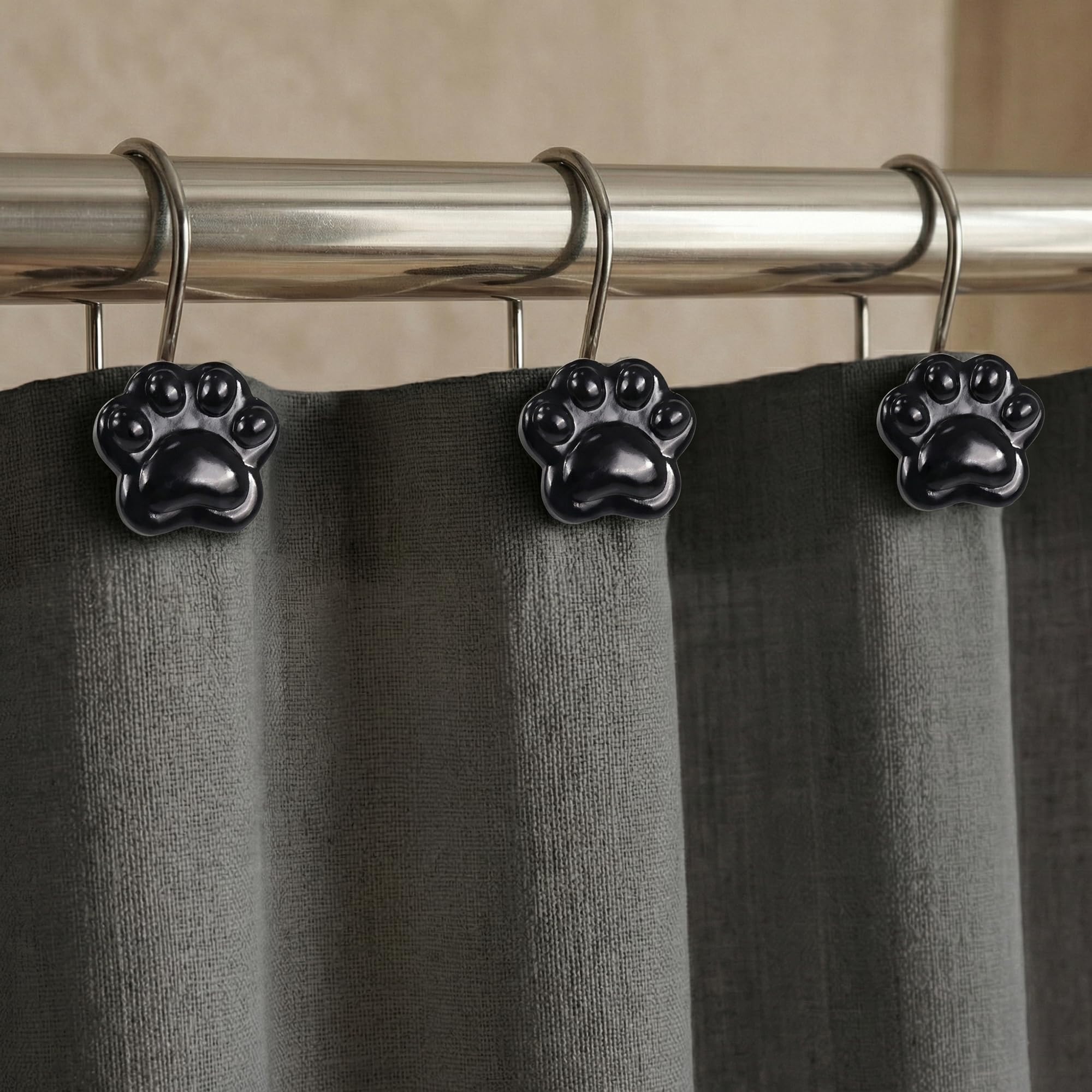 Black Decorative Shower Curtain Hooks: Cute Lovely Funny Cat Dog Bear Animal Paw Print Shower Curtain Rings Hooks & Hangers for Kids Children Bathroom Décor - Set of 12