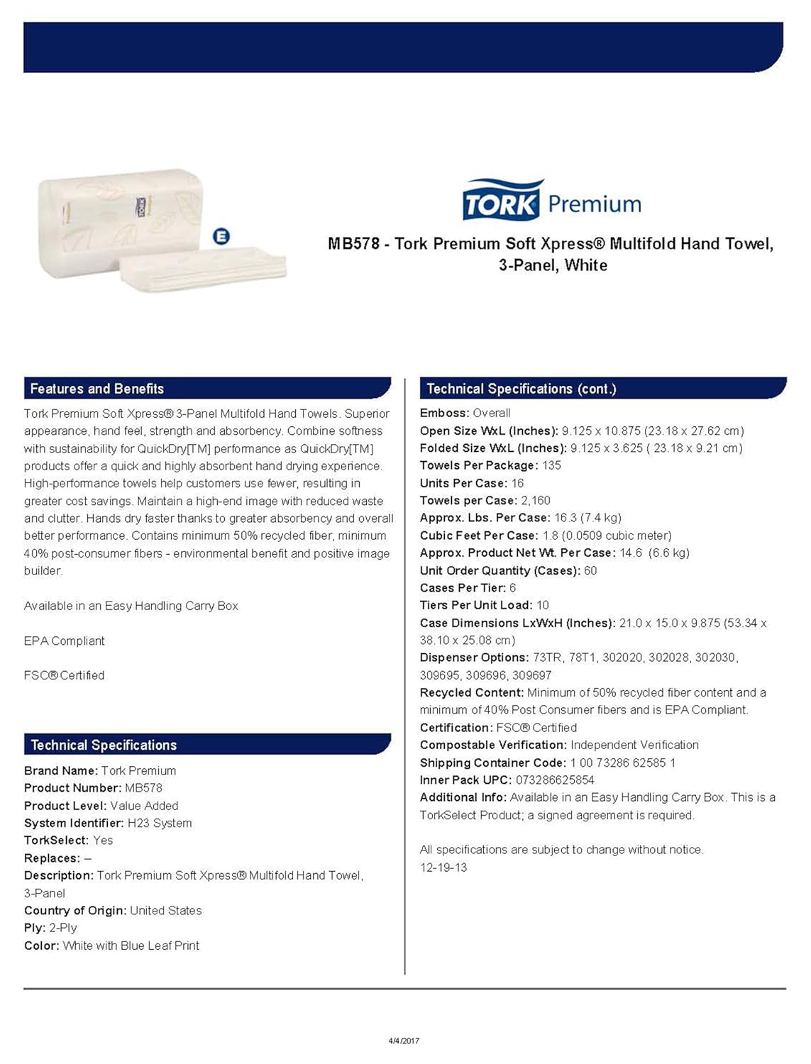 Tork Premium MB578 Soft Xpress Multifold Paper Hand Towel, 3-Panel, 2-Ply, 9.125" Width x 10.875" Length, White, 2,160 Towels, 135 Per Pack (Pack of 16), White with Blue Leaf: Industrial & Scientific