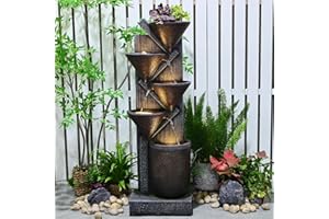 Sunlinua 49.6" Tall Outdoor Water Fountain 5-Tier Garden Watefall Fountains Floor Standing Water Fountains with LED Lights&Pump for Garden, Living Room, Patio with Natural Stone