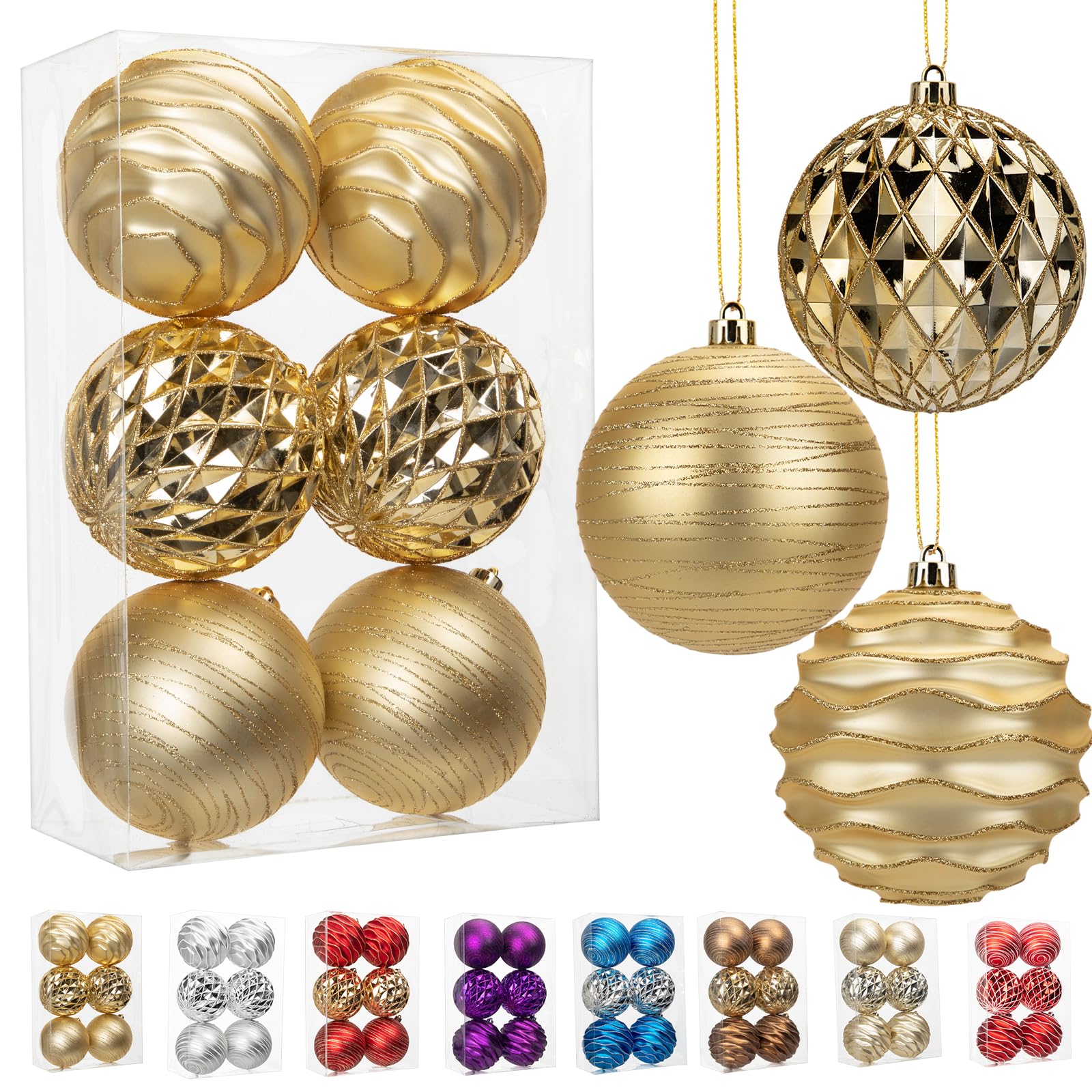 Photo 1 of 4.3" Large Christmas Balls Ornaments Set for Tree, 6-Pack Xmas Tree Decorations Balls, Shatterproof Glossy Pendant Plastic Indoor Christmas Decorations, Gold Assorted Hanging Ball for Holiday, Party