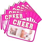 Kacctyen 6 Pcs Cheer Bags Chenille Letter Makeup Bag Cheer Gifts for Stuff Cheerleader, Rose Red Clear Zipper Pouch Cosmetic Toiletry Pouch with Handle for Women Girls Gym Beach Travel(Rose Red,Cheer)