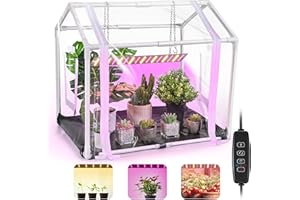 Meonum Mini Greenhouse with Grow Light for Indoor, Tabletop Small Greenhouse Kit with Bottom Mat for Waterproof, 15W Plant Dimmable LED Grow Lights and Timer, 3 Light Color Mode for Seed Starter Tray