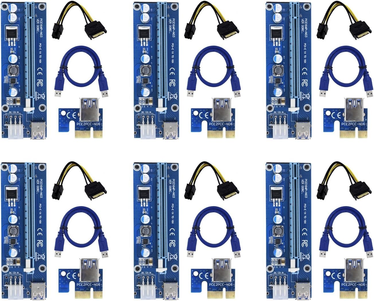 6-Pin Powered PCI-E PCI Express Riser Card - VER 006C - 1X to 16X PCIE USB 3.0 Adapter Card - With USB Extension Cable - GPU Riser Extender Cable Currency Mining (6 Pack)