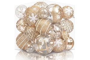 OUDDY PARTY 36PCS Christmas Ball Ornaments Shatterproof Champagne Gold Christmas Ornaments Pearl Large Clear Hanging Christmas Tree Decorations Glitter Set for Xmas Party Home Holiday Decor in 6 Styles