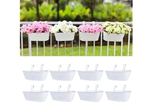 LÁLÁGREEN LaLaGreen Planter Boxes for Outdoor (8 Pack, 17 Inch) White Metal Deck Railing Hanging Flower Pots, Large Window Box Plant Holder Hooks Fence Rail Bucket Modern Countryside Boho Style Wall Mount Porch