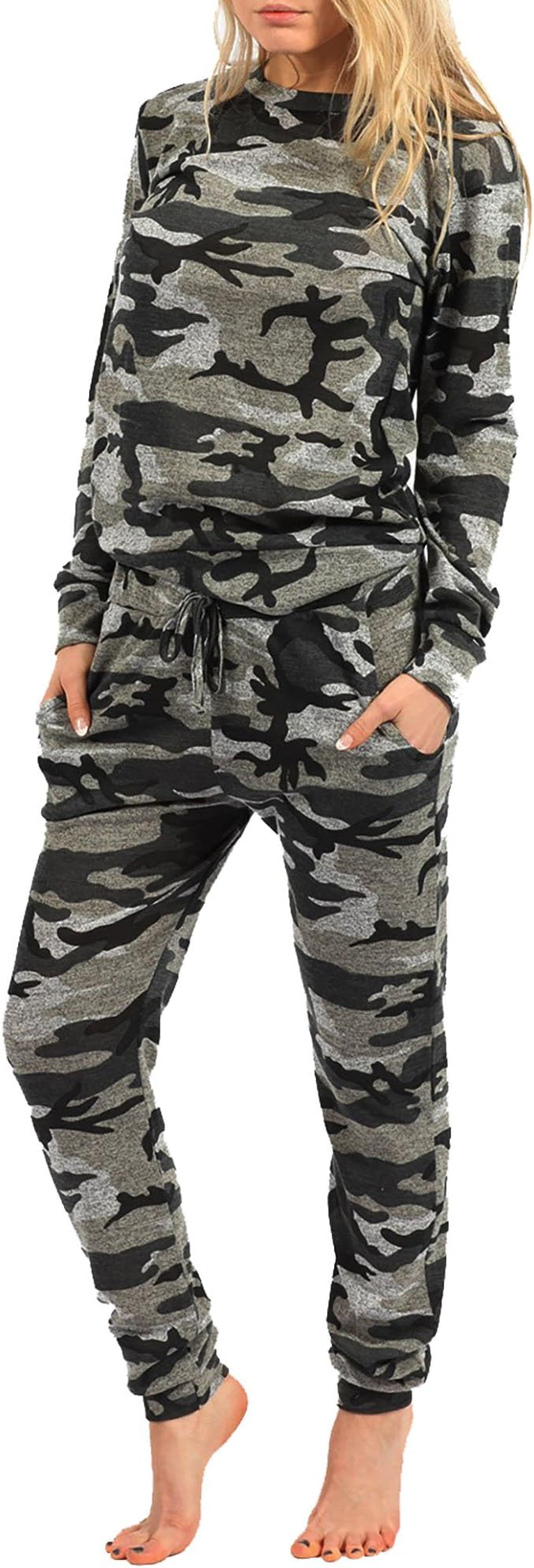 Street Chic Outlet New Womens Girls Camouflage Jogging Suit Set Camo Soft Knitted Full Tracksuit