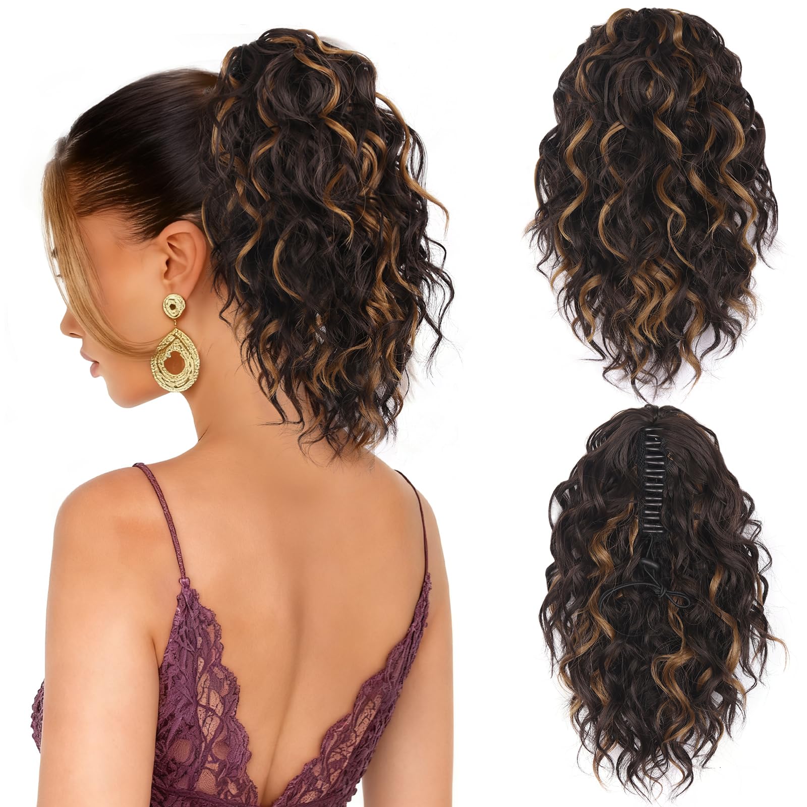 Photo 1 of Clip on Ponytails for Women - 12 Inch Curly Ponytail Extension, Curly Pony Tails Hair Extensions, Synthetic Clip in Ponytail Hair Extensions (Color: Dark Brown with Honey Blonde Highlights)