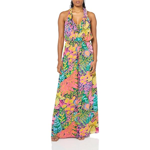 Flying Tomato Women's Floral Jumper – Halter Top, Smocked Bodice, Wide-Leg, Ankle Length
