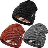 3 Pack Satin Lined Beanie for Women Men, Silk Lined Winter Hats for Cold Weather, Warm Cable Knit Skull Cap Cuffed Beanies