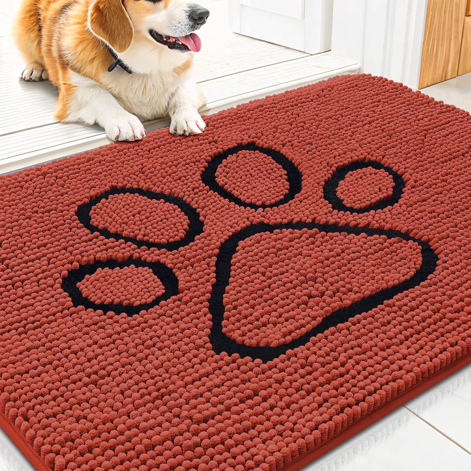 Smiry Dog Door Mat for Muddy Paws, Absorbent Dirt Trapper Non Slip Quick Dry Washable Chenille Mat for Mud Dogs, Entry Rug for Indoor and Outdoor (30x20 Inches, Maple Red and Black) Image