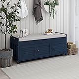 Harper & Bright Designs Storage Bench with 3 Shutter-Shaped Doors, Solid Wood Shoe Bench with Removable Cushion and and Hidde