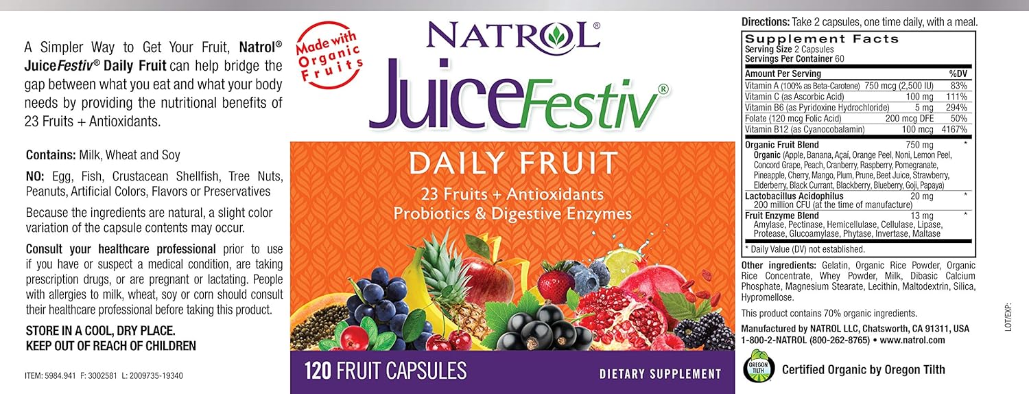 Natrol JuiceFestiv Daily Fruit & Veggie Capsules with Probiotics and Digestive Enzymes 240 Count: Health & Personal Care