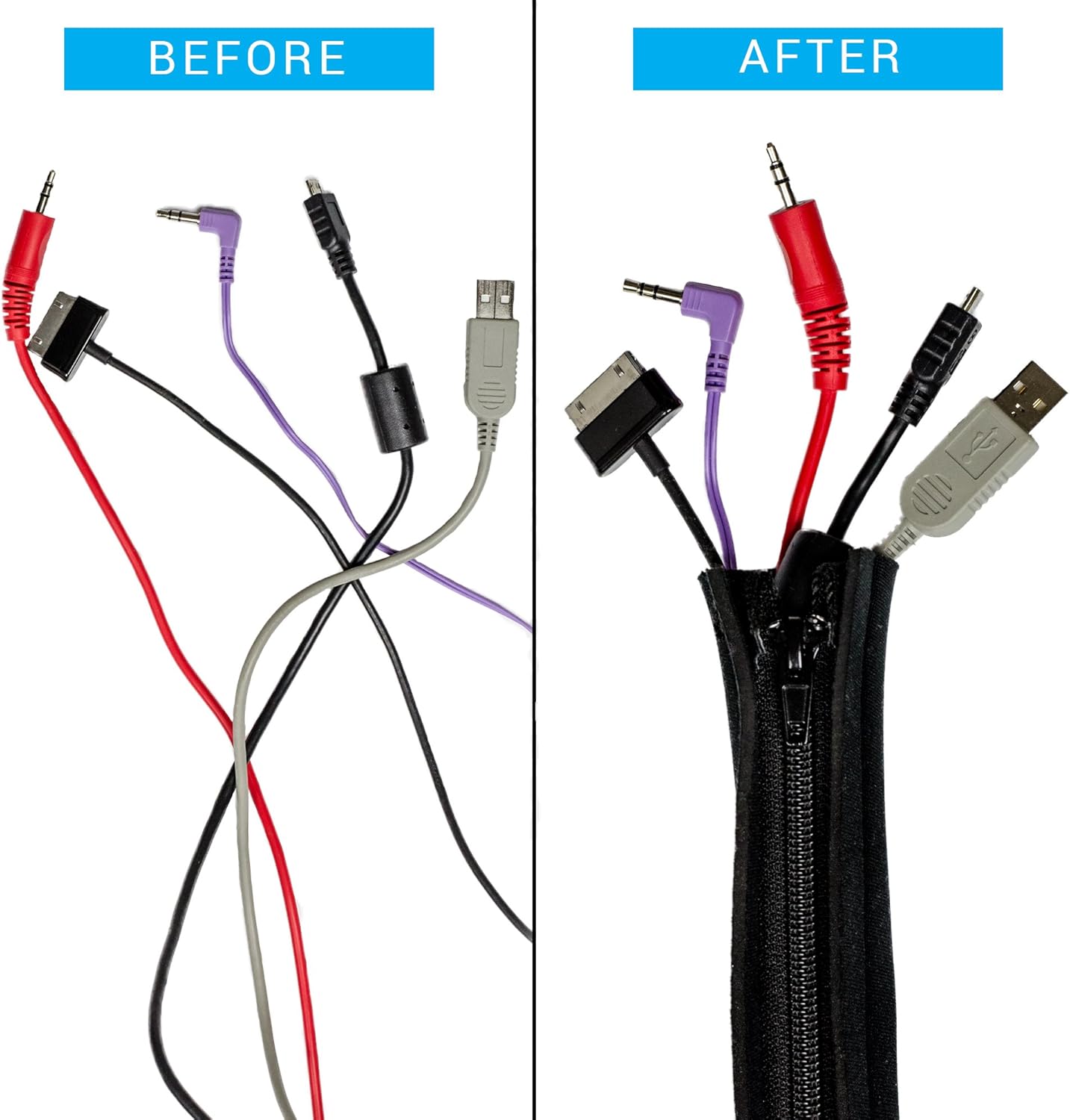 Cable Sleeve, Cable Cover, Wire and Cord Hider - Set of 4 - Computer, TV or Desk Management - Home & Office Organizer Concealer - 20’' - Premium Flexible Neoprene Wrap, Zipper, Conduit - Black: Office Products